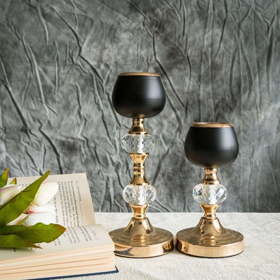 Efavormart Set of 2 | Gold/Black Metal Crystal Lamp Tealight Votive Candle Holder - 7"|11"