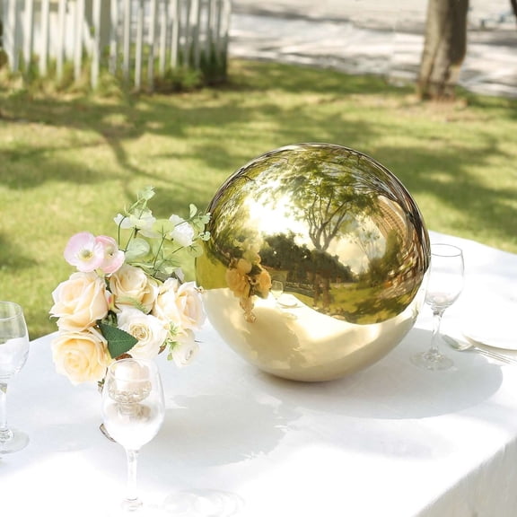Efavormart 2 Pack Gold Stainless Steel Gazing Globe Mirror Ball, Reflective Shiny Hollow Garden Spheres - 12"