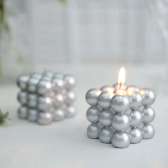 Efavormart 2 Pack | Shiny Metallic Silver 2" Bubble Cube Paraffin Wax Candles, Unscented Square Pillar Candle, Party Favor Gift