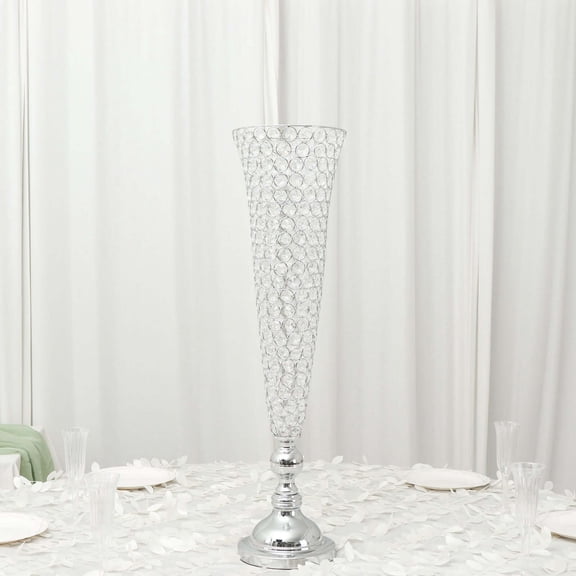 Efavormart 2 Pack | Silver 32” Tall Crystal Beaded Trumpet Vase Set, Table Centerpiece