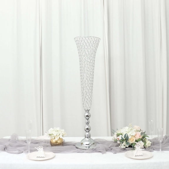 Efavormart 2 Pack | Silver 40” Tall Crystal Beaded Trumpet Vase Set, Table Centerpiece