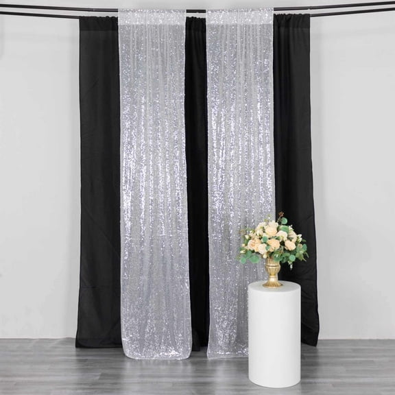 Efavormart 2 Pack Silver Sequin Photo Backdrop Curtains with Rod Pockets, Seamless Glitter Mesh Photo Background Drapery Panels - 8ftx2ft
