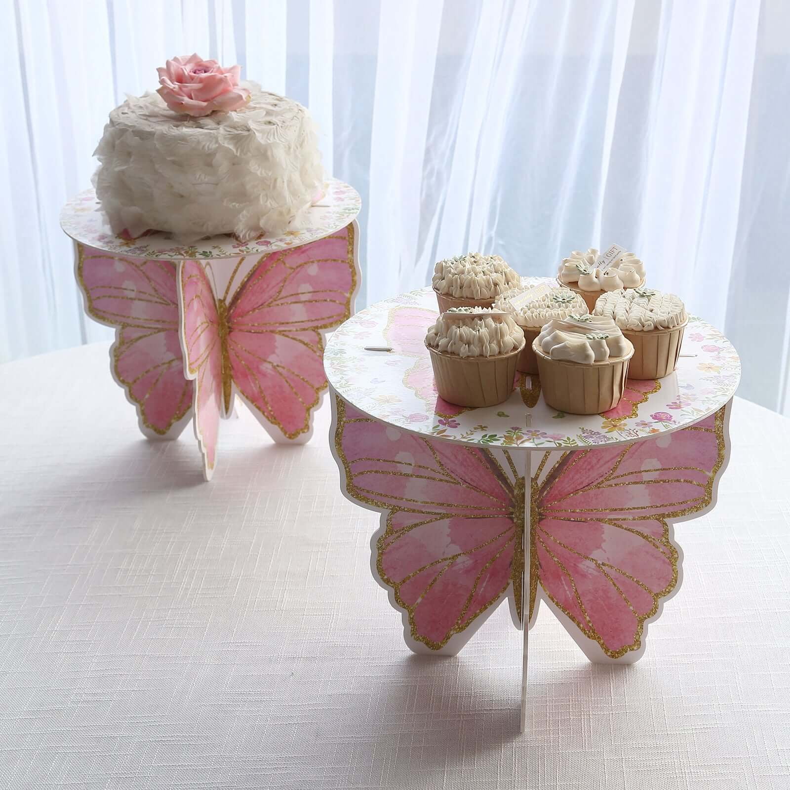 Pink Ruffle Cake Stand Efavormart 2 Pack White Pink Glitter Butterfly Cake Stands, Floral ...