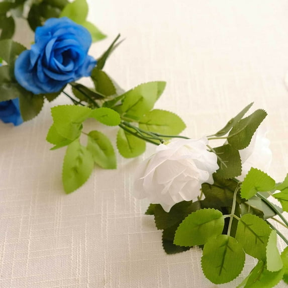 Efavormart 2 Pack White Royal Blue Artificial Silk Mini Rose Vines Hanging Flower Garland with 26 Flower Heads - 7ft