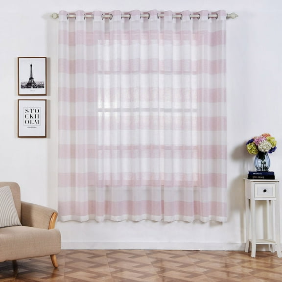 Efavormart 2 Panels White/Blush Faux Linen Woven Sheer Window Drapery Stripe Window Treatment Grommet Curtain Panel 52"x84"