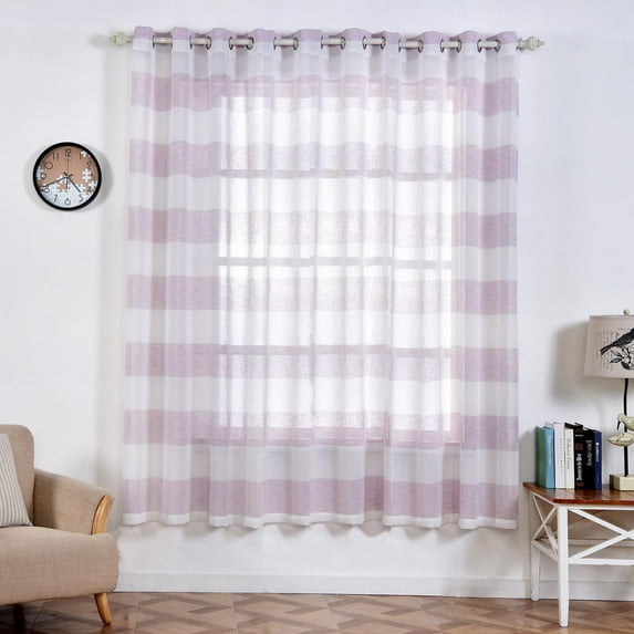 Efavormart 2 Panels White/Lavender Faux Linen Woven Sheer Window Drapery Stripe Window Treatment Grommet Curtain Panel 52"x84"