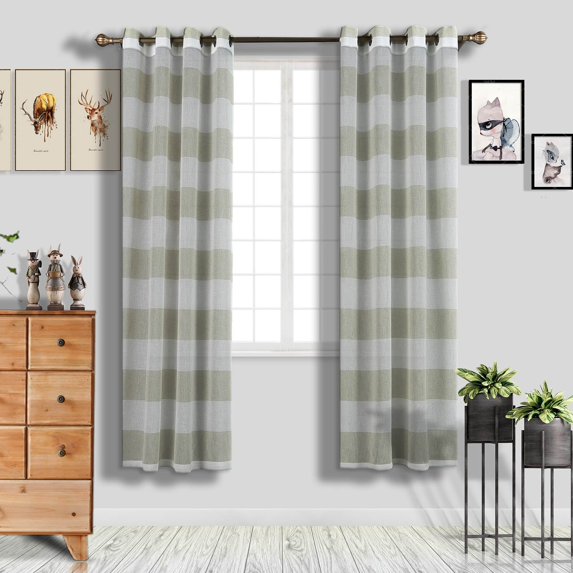 Efavormart 2 Panels White/Sage Green Faux Linen Woven Sheer Window Drapery Stripe Window Treatment Grommet Curtain Panel 52"x84"