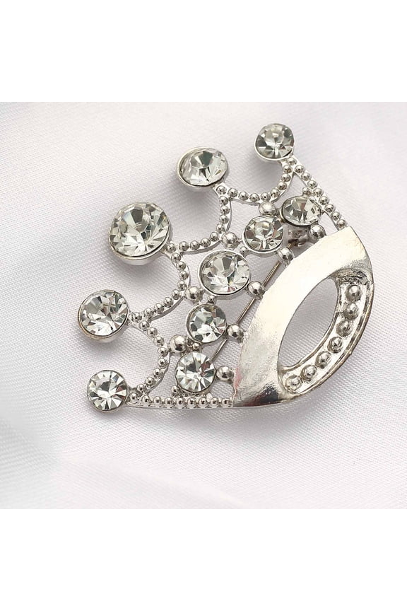 2" Silver Rhinestone Metal Crown Sash Band Buckle, Diamond Tiara Chair Wrap Bow Pin Brooch