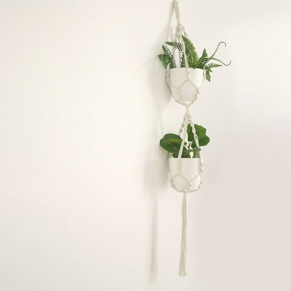 Efavormart 2-Tier Double Ivory Macrame Indoor Hanging Planter Basket Cotton Rope, Dual Decorative Flower Pot Holder With Tassel, Boho Chic Home Decor