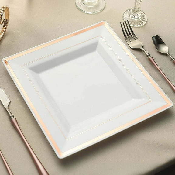 Efavormart 20 Pack 10" White Disposable Plates Square Plastic Plates Salad Dessert Plates With Shiny Rose Gold Rim For Weddings