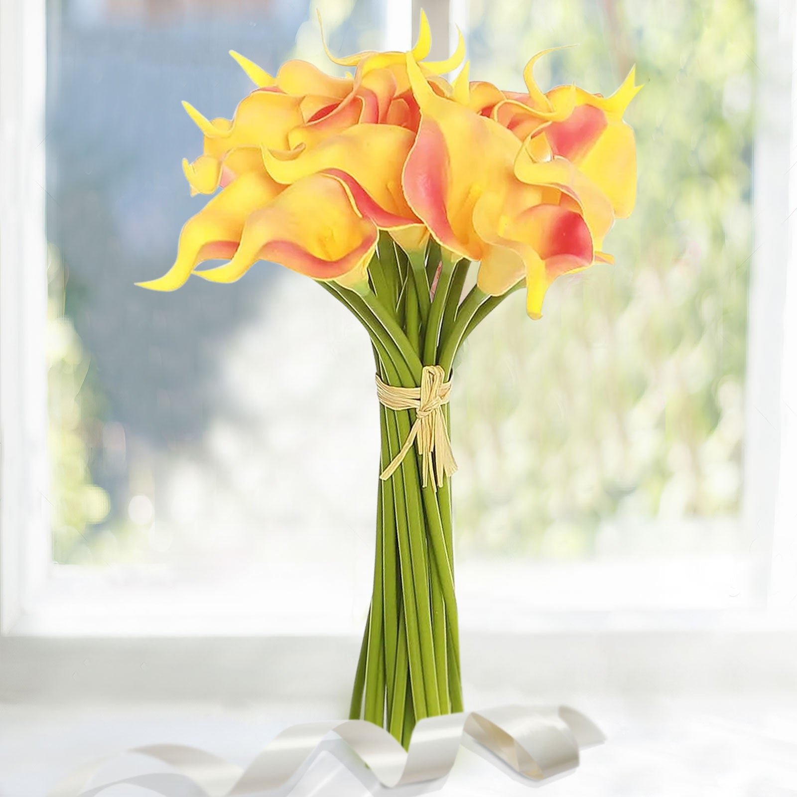 Efavormart 20 Pack 14" Tall Artificial Calla Lily Flowers Real Touch Single Stem Calla Lilies -  Orange/Yellow - image 1 of 11