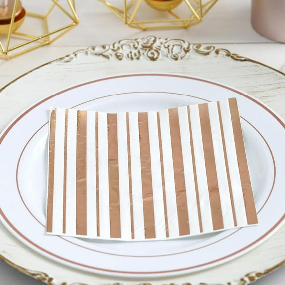 Efavormart 20 Pack 3 Ply Metallic Rose Gold Striped Paper Napkins Wedding Cocktail Napkins Dinner Napkins