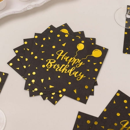 Efavormart 20 Pack Black Gold Happy Birthday Beverage Paper Napkins With Foil Print, Soft 2-Ply Disposable Cocktail Party Napkins - 18 GSM