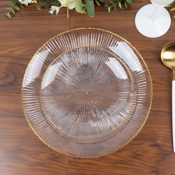 Efavormart 20 Pack Clear Plastic Dessert Plates with Gold Rim – 7" Ribbed Sunburst Pattern – Round Disposable Salad Plates