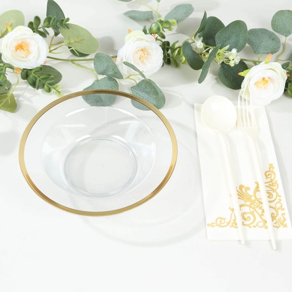 Efavormart 20 Pack Clear Plastic Salad Soup Bowls with Gold Rim, Round Disposable Dessert Serving Bowls - 12oz