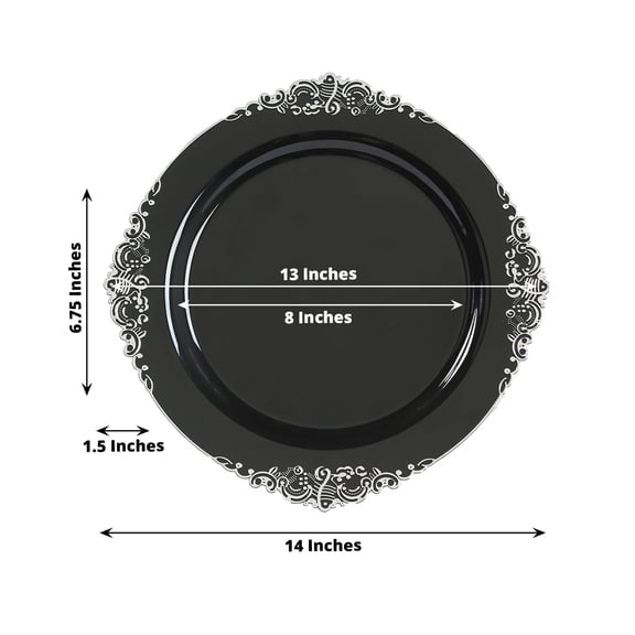 Efavormart 20-Pack Economy Plastic Charger Plates 13" Round Black with Silver Embossed Baroque Rim - Stylish Dinner Party Serving Plates