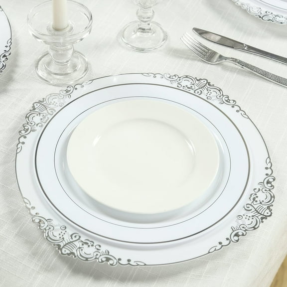 Efavormart 20-Pack Economy Plastic Charger Plates 13" Round White with Silver Embossed Baroque Rim - Stylish Dinner Party Serving Plates