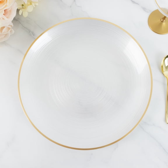 Efavormart 20 Pack Economy Plastic Charger Plates 13" – Transparent Pearl White Swirl Design with Gold Rim, Stylish Table Chargers