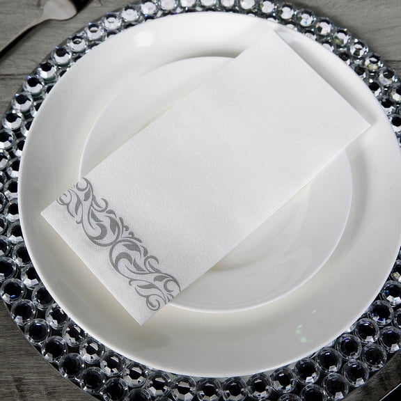 Efavormart 20 Pack Foil Disposable White Airlaid Paper Dinner Napkins | Soft Linen-Feel Hand Towels Scroll for Kitchen, Bathroom, Parties, Weddings - Silver
