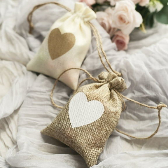 Efavormart 20 Pack | Natural/Ivory 4"X5" Heart Design Party Favor Gift Bags With Drawstring, Rustic Wedding Favor Bags