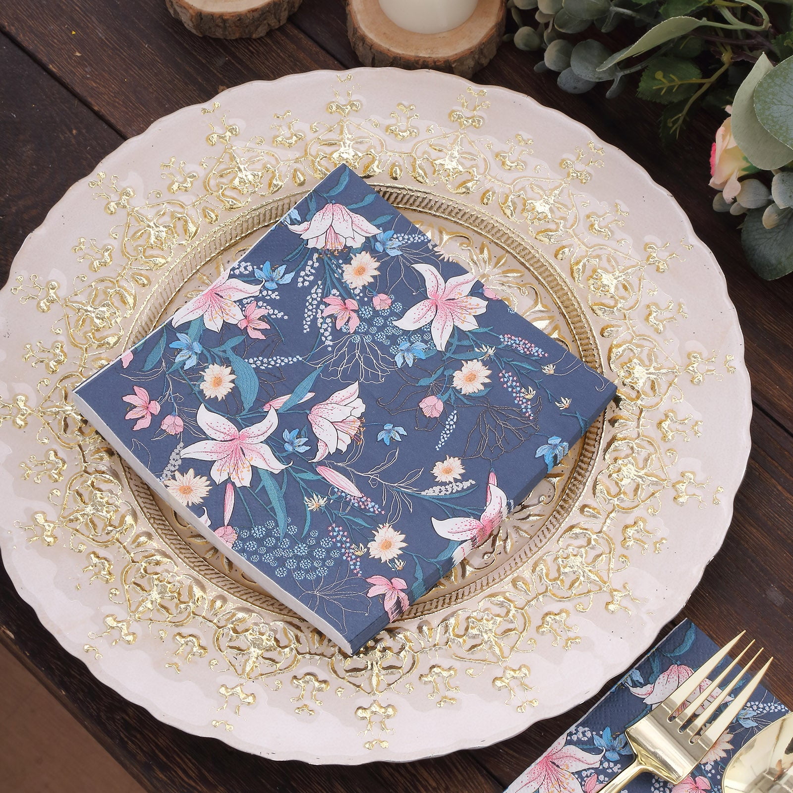 Efavormart 20 Pack Navy Blue Water Lilly Floral Paper Cocktail Napkins ...