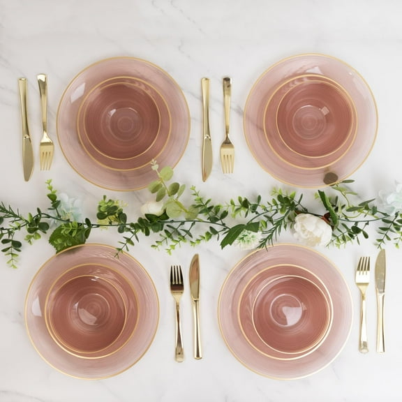 Efavormart 20-Pack Plastic Bowls 16oz – Translucent Pearl Dusty Rose with Gold Rim, Elegant Crystal-Like Swirl Heavy Duty Disposable Bowls