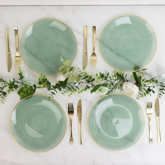 Efavormart 20-Pack Plastic Dinner Plates 10" Round Translucent Pearl Dusty Sage Green Swirl with Gold Rim – Crystal-Like Elegant Heavy Duty Party Plates