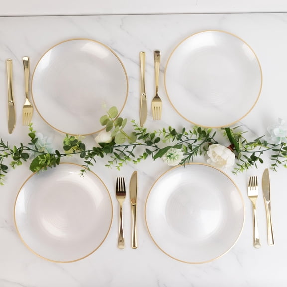Efavormart 20-Pack Plastic Dinner Plates 10" Round Translucent Pearl White Swirl with Gold Rim – Crystal-Like Elegant Heavy Duty Party Plates
