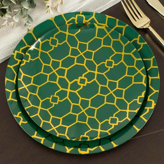 Efavormart 20 Pack Set | Hunter Emerald Green With Geometric Gold Foil Print Dinner & Dessert Plates - 9" Dinner Plate & 7" Dessert, Appetizer, Salad Plates