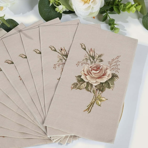 Efavormart 20 Pack Vintage Pink Ivory Rose Print Paper Napkins, Soft 2-Ply Elegant Garden Party Style Disposable Dinner Napkins