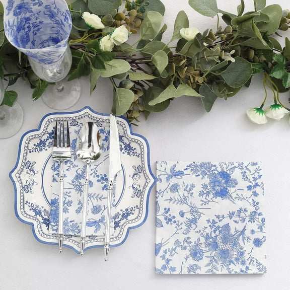 Efavormart 20 Pack | White / Blue Chinoiserie Floral Print 2-Ply Paper Napkins, Disposable Dinner Napkins