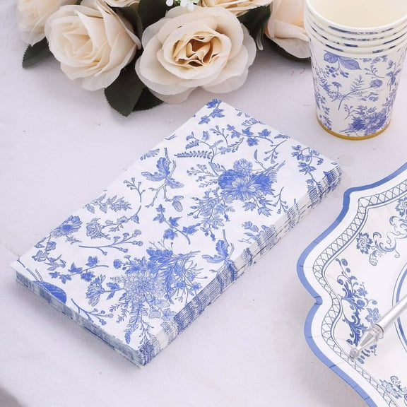 Efavormart 20 Pack White Blue Chinoiserie Floral Print Paper Napkins, Soft 2-Ply Highly Absorbent Disposable Dinner Napkins