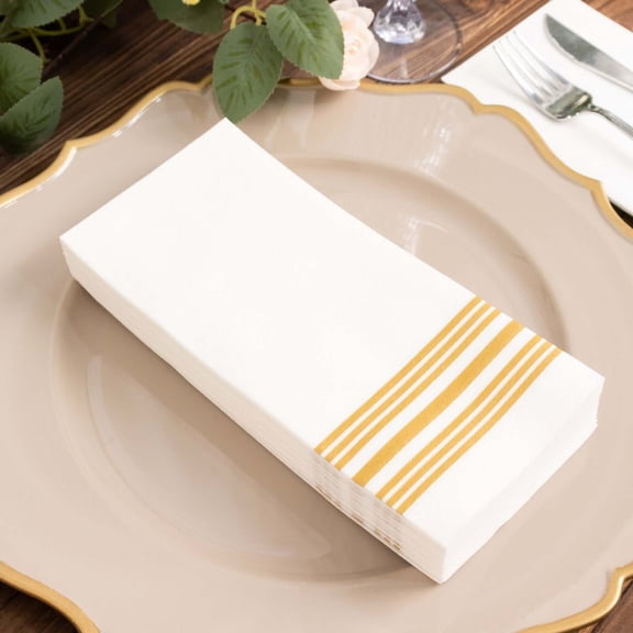 Efavormart 20 Pack White Gold Soft Linen-Like Paper Napkins With Gold Lines, Highly Absorbent Disposable Airlaid Dinner Napkins