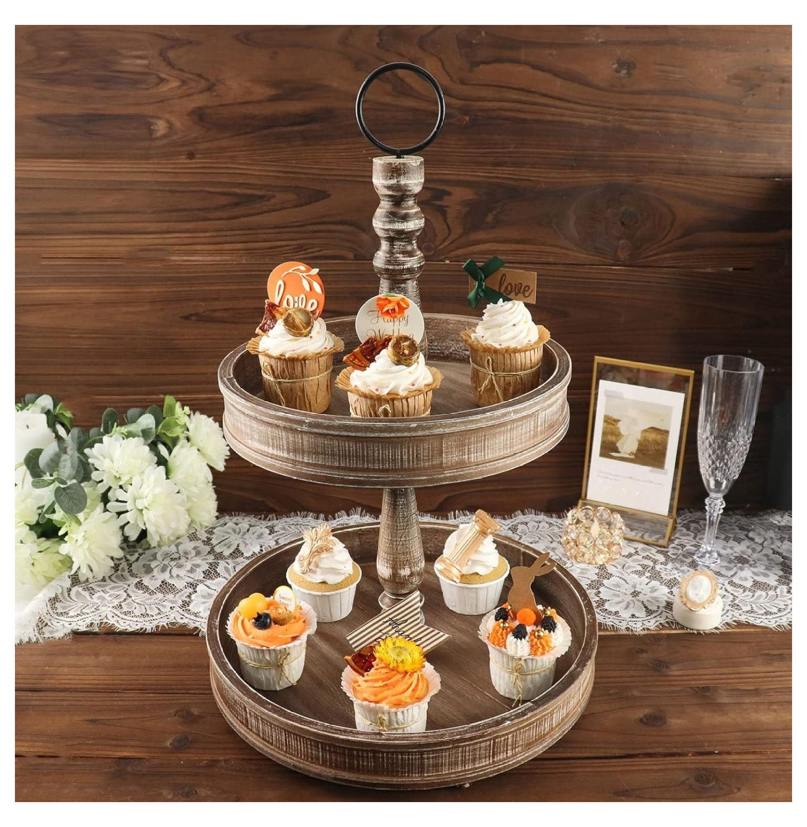Efavormart 20" Rustic Brown 2-Tier Wooden Serving Tray Stand, Farmhouse ...