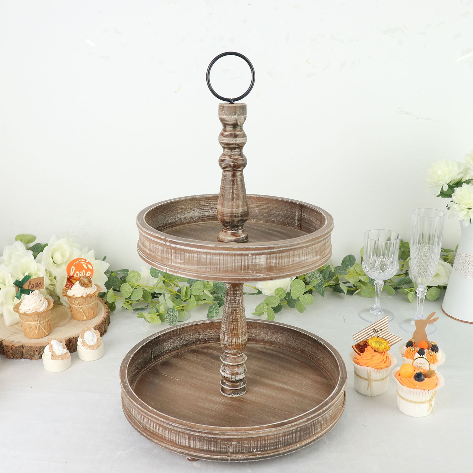 Efavormart 20" Rustic Brown 2Tier Wooden Serving Tray Stand, Farmhouse Style Cupcake Stand