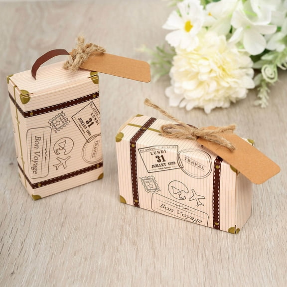 Efavormart 24 PCS | 2"x3" Vintage Airplane Suitcase Favor Boxes, Travel Themed Party Favor Candy Boxes with Handles & Tags