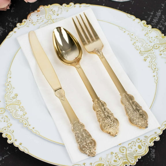 Efavormart 24 PCS Metallic Gold Baroque Disposable Plastic Cutlery Set for Wedding Party Banquet Events Candy Buffet
