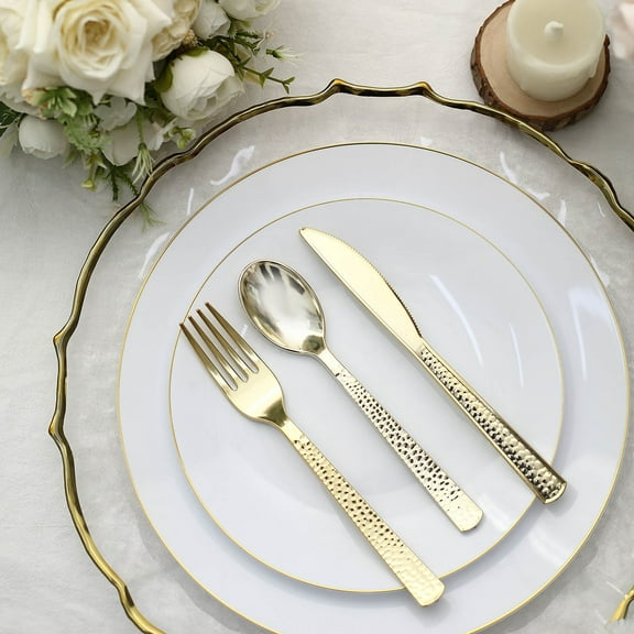 Efavormart 24 PCS Metallic Gold Hammered Disposable Plastic Cutlery Set for Wedding Party Banquet Events Candy Buffet