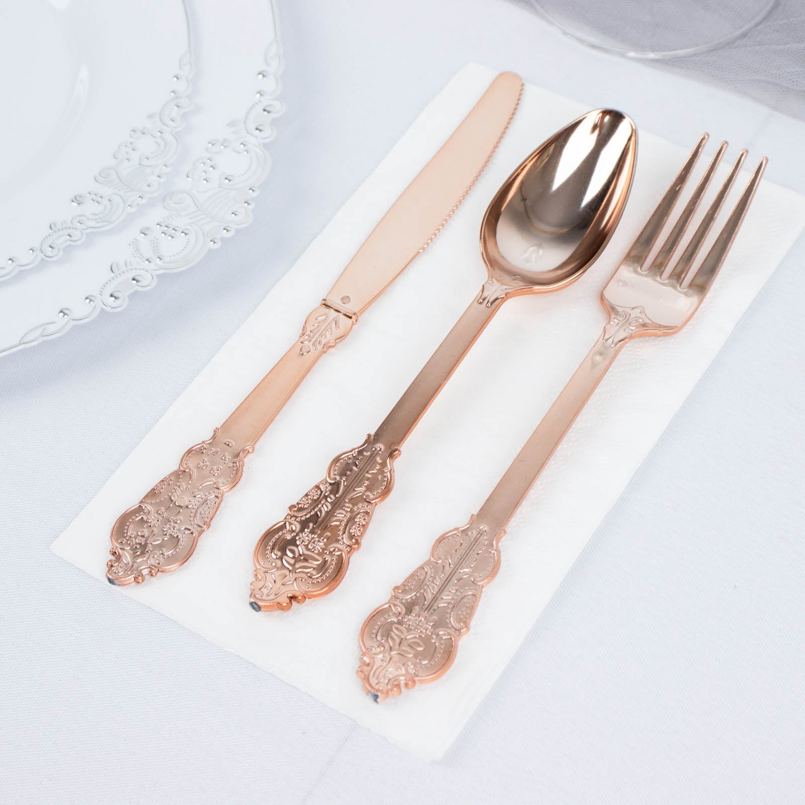 Efavormart 24 PCS Metallic Rose Gold Baroque Disposable Plastic Cutlery Set for Wedding Party Banquet Events Candy Buffet