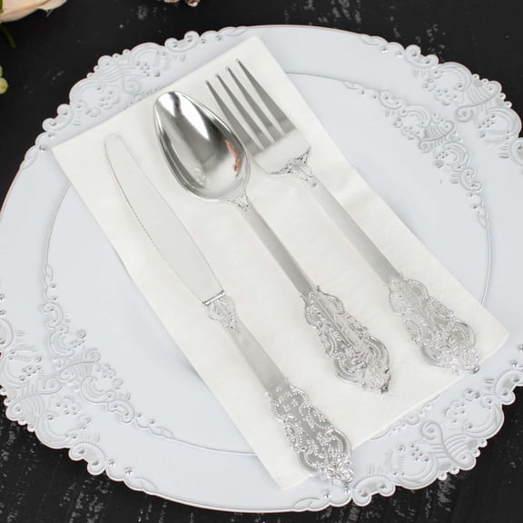 Efavormart 24 PCS Metallic Silver Baroque Disposable Plastic Cutlery Set for Wedding Party Banquet Events Candy Buffet