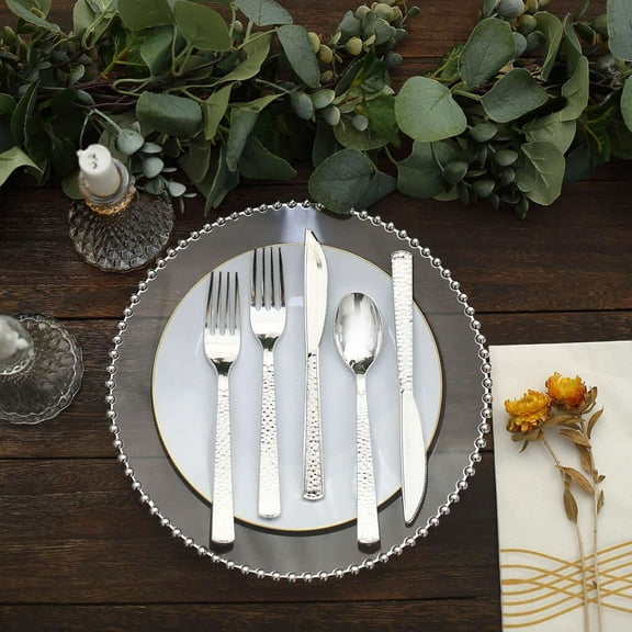 Efavormart 24 PCS Metallic Silver Hammered Disposable Plastic Cutlery Set for Wedding Party Banquet Events Candy Buffet