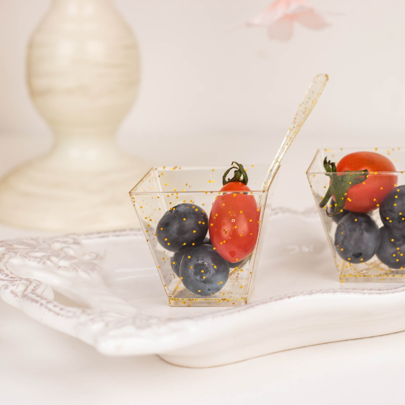 Efavormart 24 Pack 2oz Gold Glittered Clear Plastic Dessert Cup And Spoon Set, Disposable