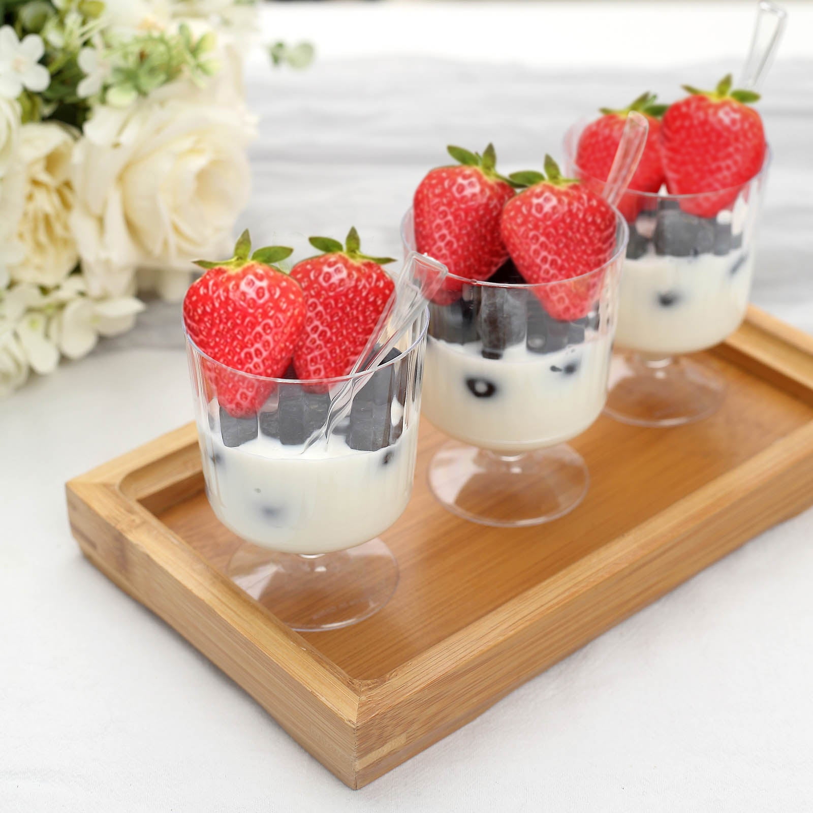 Efavormart 24 Pack 5oz Clear Mini Ribbed Pedestal Plastic Dessert Cups With Spoons, Disposable