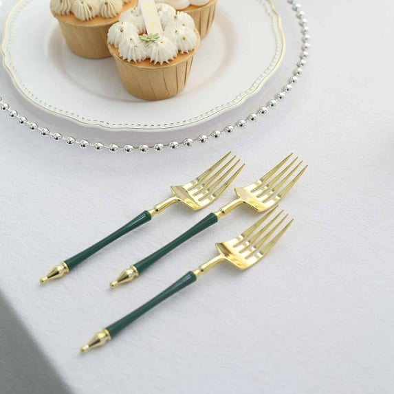 Efavormart 24 Pack | 6" Gold / Hunter Emerald Green Glittered European Style Plastic Forks With Roman Column Handle, Disposable Utensil