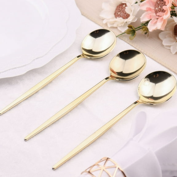 Efavormart 24 Pack | 8" Glossy Gold Heavy Duty Plastic Silverware Spoons Cutlery, Premium Disposable Sleek Flatware