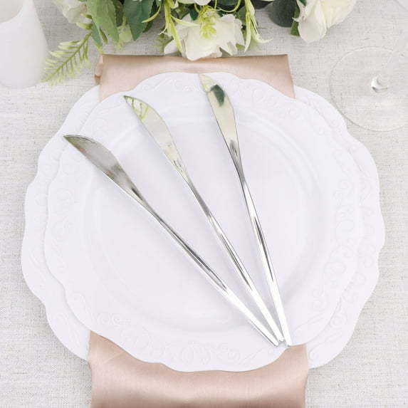 Efavormart 24 Pack | 8" Glossy Silver Heavy Duty Plastic Silverware Knives Cutlery, Premium Disposable Sleek Flatware