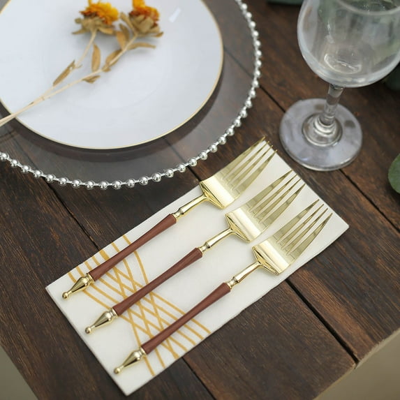 Efavormart 24 Pack | 8" Gold / Brown Glittered European Style Plastic Forks With Roman Column Handle, Disposable Utensil