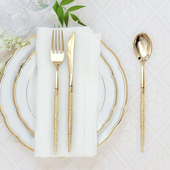 Efavormart 24 Pack | 8" Gold Glittered Disposable Cutlery Set, Plastic Silverware for Wedding Catered Events Banquet