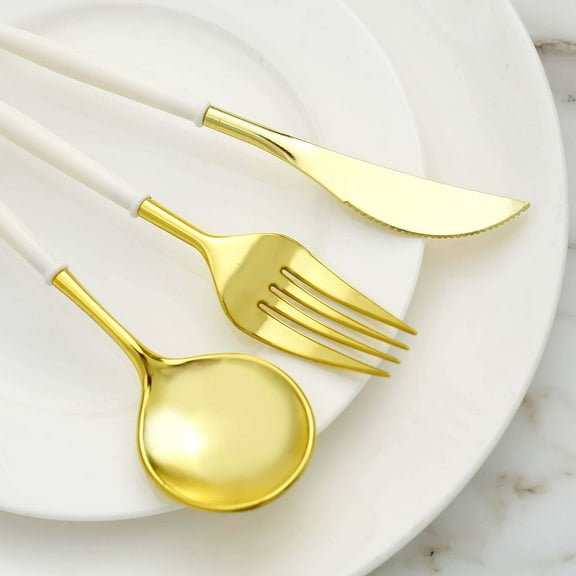 Efavormart 24 Pack | 8" Gold Heavy Duty Plastic Cutlery Set | Ivory Handle Plastic Silverware