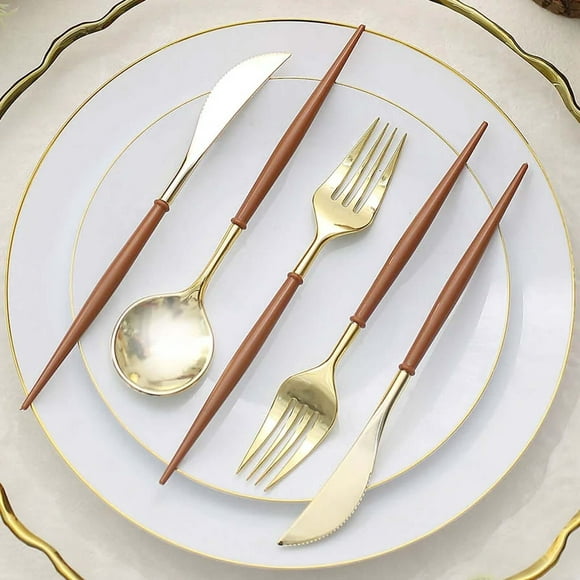 Efavormart 24 Pack | 8" Metallic Gold With Brown Utensil Set, Modern Premium Plastic Silverware Set